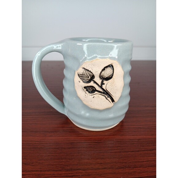 Hand Thrown Pottery Coffee Mug Blue Impressed Leaf Design Signed EUC - Picture 1 of 7